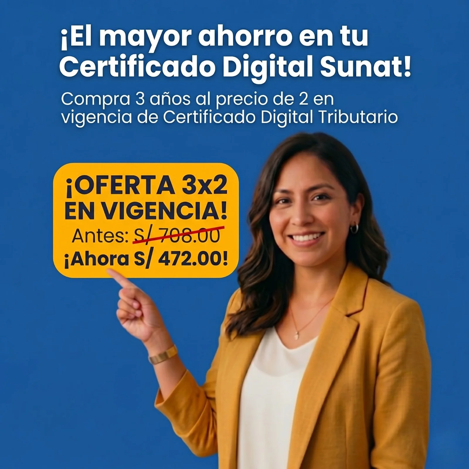 Señorita indicando la oferta de 3x2