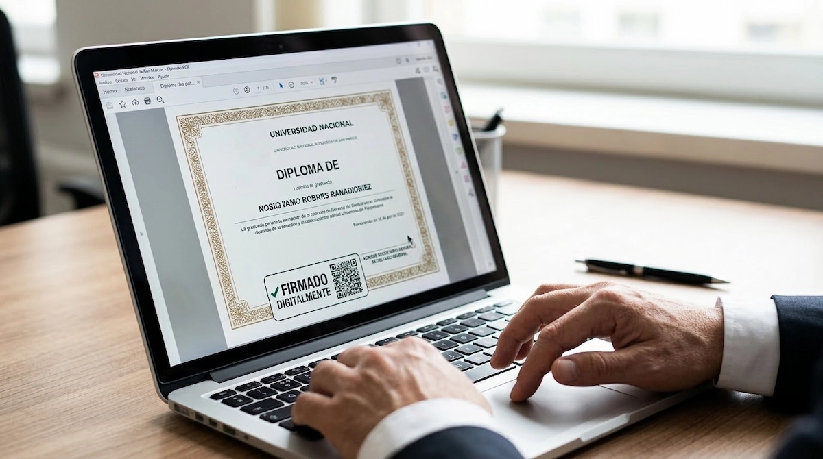 Secretario General de una universidad firmando digitalmente el expediente de registro de grados y títulos