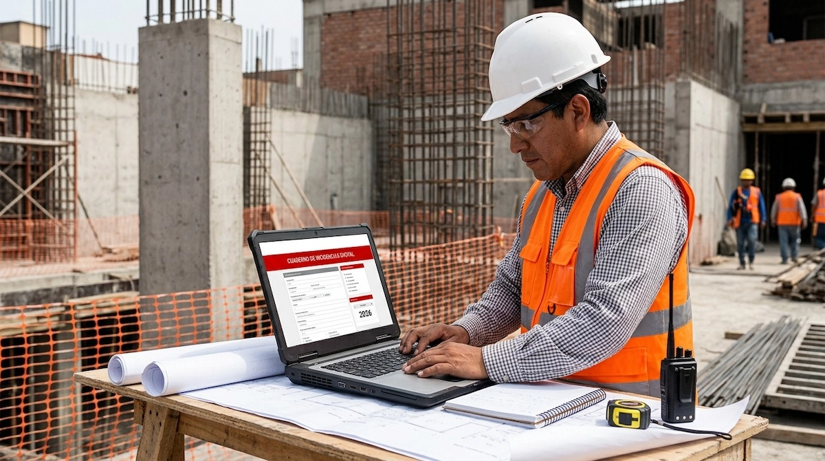 Residente de obra peruano registrando una anotación en el cuaderno de incidencias digital desde una laptop en la obra