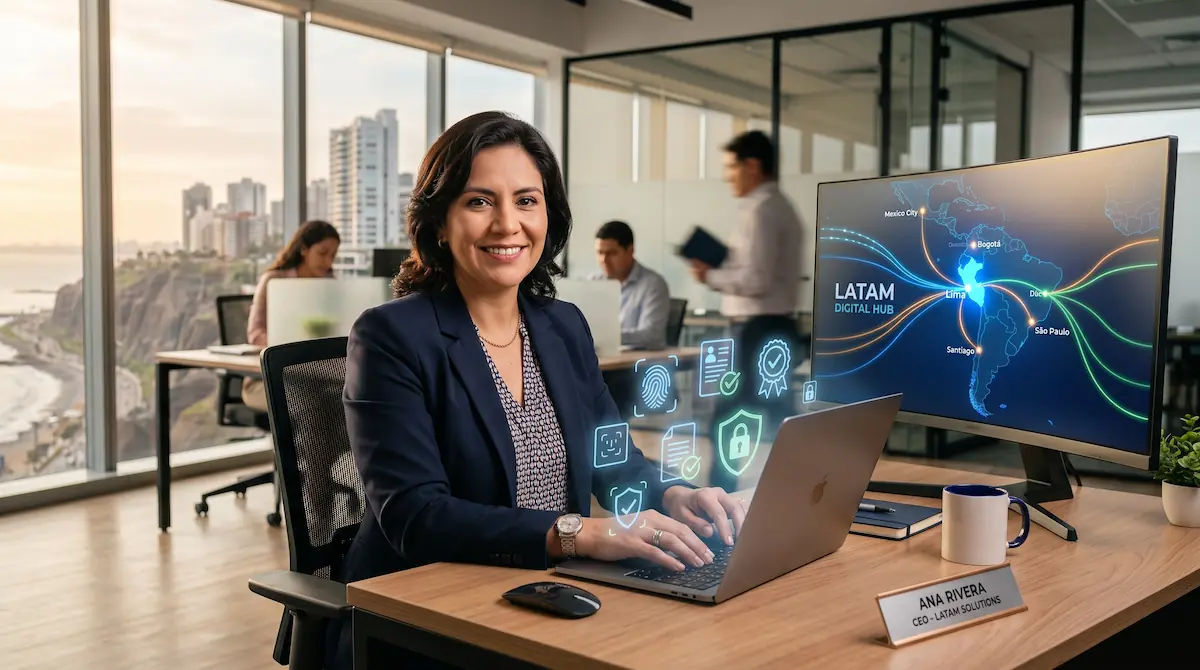 Mapa de Latinoamérica conectado digitalmente representando la interoperabilidad de identidades digitales
