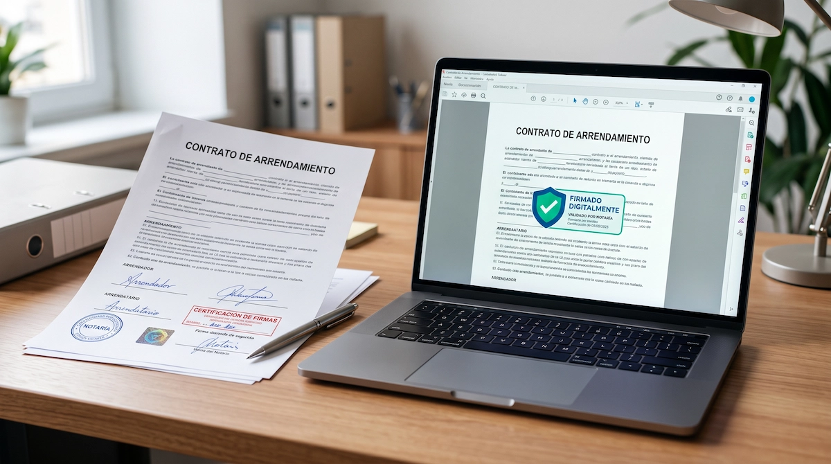 Contrato de arrendamiento con certificación notarial y firma digital sobre un escritorio