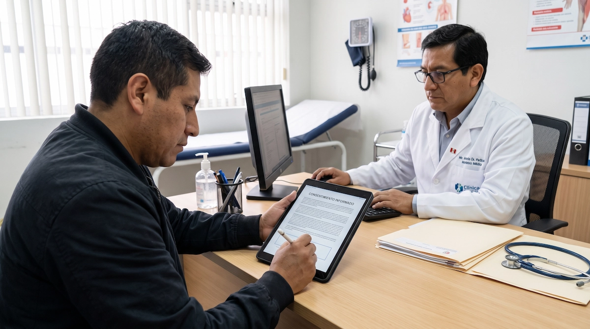 Paciente firmando digitalmente un consentimiento informado en una tableta mientras el médico revisa la información