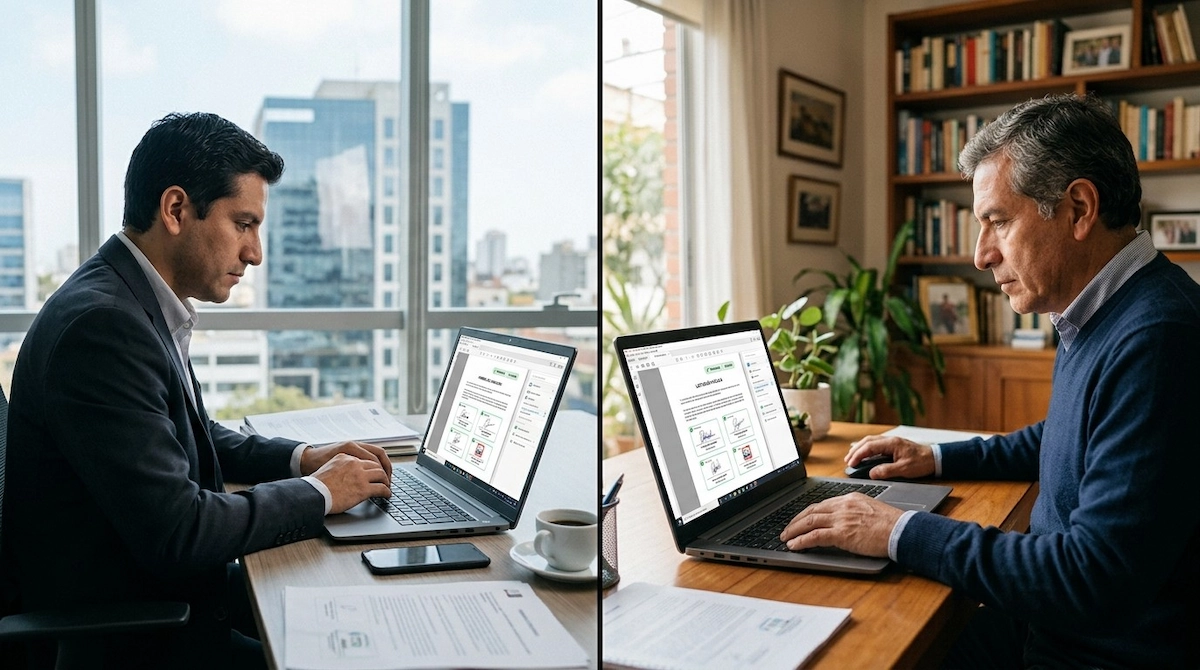 Representantes de empresas peruanas firmando digitalmente una promesa de consorcio en laptop desde oficinas distintas